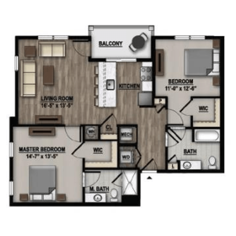 Floor plan for 2 beds, 2 baths, 1170 sqft